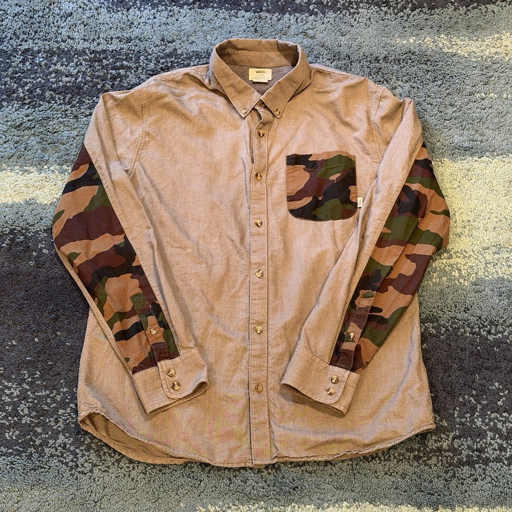 VANS Off The Wall Gray Camo Button Down Long Sleeve Tailored Fit Shirt Men's XL